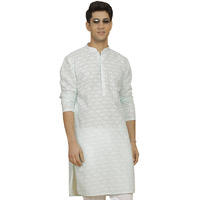 VASTRAMAY Men's Green Cotton Kurta I Allover Chikan Embroidery Knee Length Regular Straight Kurta I Fastive Party Wedding Traditions Kurta_VASMK381GN_40