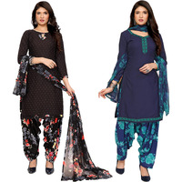 Yashika Women's Crepe Dress Material Set for Women | Unstitched Printed Fabric for Kurta Bottom & Dupatta (YS-BLACK FLOWER-RIDDHI NAVY)