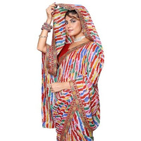 Yashika Womens Georgette Saree with Lace Border | Lightweight Laheriya Saree for Women with Unstitched Blouse Piece (AZ-YS-P1-RANGBARSE WHITE)