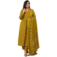 ANNI DESIGNER Women's Rayon Viscose Anarkali Printed Kurta with Pant & Dupatta (VANGALA Mehandi_XXL_Mehandi_XX-Large)