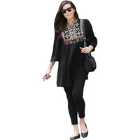 ANNI DESIGNER Women's Tunics Tops Rayon Viscose Embroidered Short Top for Women (BELLIZA Black_M_Black_Medium)