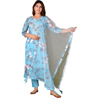 ANNI DESIGNER Women's Cotton Blend Printed Straight Kurta with Pant & Dupatta (Itta New Blue_M_Blue_Medium)