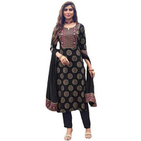 ANNI DESIGNER Women's Cotton Blend Printed Straight Kurta with Pant & Dupatta (NOV-Black-NRB_M_Black_Medium)
