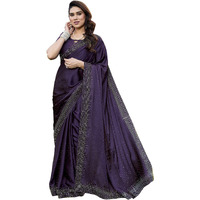 Yashika Women's Bollywood Satin Moss With Swarovski Stone Saree with Blouse |saree for Women | Silk Saree | New Sari | Latest Saree (AZ-YS-P1-SHUBHRA PURPLE)