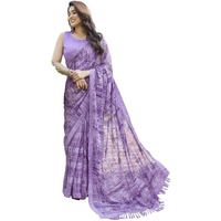 Yashika Women's Saree Weightless Georgette Saree Satin Printed Saree Hot Fix Swarovski Lace Saree Saree with Tassels Unstitched Blouse Material Saree (AZ-YS-NEW-P1-REHANA VIOLET)