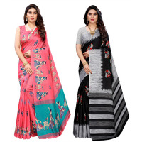 Yashika Women's Combo Art Silk Printed Saree With Blouse Piece Pack Of 2(MAITHALI PINK-NAURTA BLACK)
