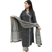 ANNI DESIGNER Women's Rayon Blend Straight Printed Kurta with Pant & Dupatta (MISHRU Black_M_Black_Medium)