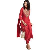 ANNI DESIGNER Women's Rayon Viscose Straight Embroidered Kurta with Pant & Dupatta (GALPATIYO Red_S_Red_Small)