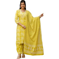 ANNI DESIGNER Women's Rayon Blend Straight Printed Kurta with Patiala & Dupatta (SAHIMA Yellow_M_Yellow_Medium)