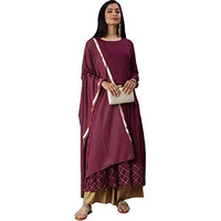 ANNI DESIGNER Women's Rayon Gold-Toned Solid Kurta with Palazzos & Dupatta (Purple,M)