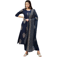 ANNI DESIGNER Women's Cotton Blend Printed Straight Kurta with Pant & Dupatta (RADHU-Cerosin_XL_Navy Blue_X-Large)