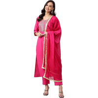 ANNI DESIGNER Women's Cotton Blend Embroidered Straight Kurta with Pant & Dupatta (Lissy STY Pink_L_Pink_Large)