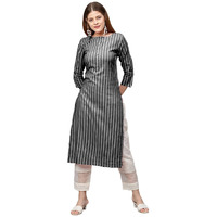 ANNI DESIGNER Women's Cotton Blend Printed Straight Kurta (Line New Black_M_Black_Medium)