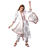 ANNI DESIGNER Women's Cotton Blend Floral Printed Straight Kurta with Pants & Dupatta (Cup-Off White-Nw_M_White_Medium)