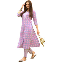 ANNI DESIGNER Women's Cotton Blend Straight Printed Kurta with Pant (Nede-Purple_S_Purple_Small)
