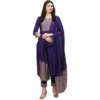 ANNI DESIGNER Women's Cotton Blend Straight Printed Kurta with Pant & Dupatta (KIKU BEGANI_S_Purple_Small)