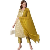 ANNI DESIGNER Women's Banarasi Woven Straight Embellished Printed Kurta with Pant & Dupatta (KABZAA-Methi-Nw_M_Mustard_Medium)