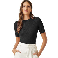 ANNI DESIGNER Women's Cotton Belnd Lycra Ribbed Solid Half Sleeve Round Neck Top (NTPR-Black_S_Black_Small)