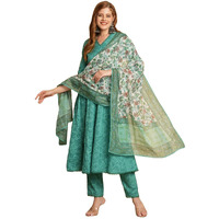 ANNI DESIGNER Women's Cotton Blend Anarkali Solid Kurta with Pant & Dupatta (UTSAV Green_XL_Green_X-Large)