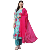 ANNI DESIGNER Women's Cotton Blend Floral Straight Kurta with Pant & Dupatta (Madhya_Turquoise_X-Large)