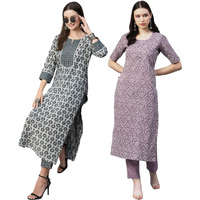ANNI DESIGNER Women's Cotton Blend Printed Straight Kurta with Pant Pack of 2 (Combo-Sachi-Batakli_Multicolor_Medium)