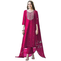ANNI DESIGNER Women's Rayon Viscose Embroidered Straight Kurta with Pant & Dupatta (Kasturi Pink-VKS03_XL_Pink_X-Large)