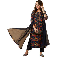 ANNI DESIGNER Women's Cotton Blend Printed Straight Kurta and Pant with Dupatta Set (KALEPING-Blue-NW_S_Blue_Small)
