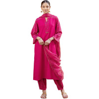 ANNI DESIGNER Women's Rayon Viscose Straight Bandhej Printed Kurta with Pant & Dupatta (KRIVA Pink_XL_Pink_X-Large)