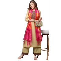 ANNI DESIGNER Women's Cotton Blend Kurta with Palazzo & Dupatta (Zuri_Beige_L)
