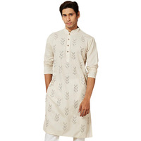 VASTRAMAY Men's Cotton Kurta for Men I Straight Regular Kantha Work Knee Length Kurta I Casual Party Festive Wedding Dressing Style_VSHVMK335CR_40 Cream