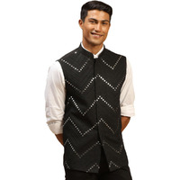 VASTRAMAY Men's Black Mirror Work Nehru Jacket | Mirror Work Chevron Pattern Chic Jacket For Men