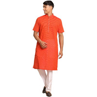 VASTRAMAY Men's Orange And Off White Pure Cotton Kurta Pyjama_VASMK143ORnPANT003WH_42