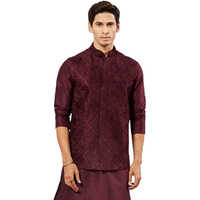 VASTRAMAY Men's Maroon Nehru Jacket - Allover Embroidered Regular Nehru Jacket for Men - Mandarin Collar, Sleeveless, Button Closure & Welt Pocket