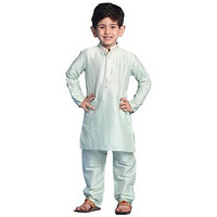 VASTRAMAY Boys' Mint Green Kurta And Pyjama | Viscose Fabric Green Mirror Work Border Kurta And Pyjama Set for Navratri, Diwali & Festive Celebrations - Stylish and Comfortable Indian Outfit for Kids