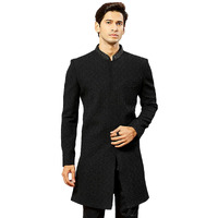VASTRAMAY Men's Black Silk Blend Indo Western Top Only, Silk Blend Emboss Fabric Indo Western For Men, Traditional Indian Wear for Weddings & Festivals