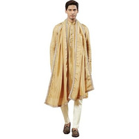 VASTRAMAY Men's Gold Tissue Silk Kurta Pyjama And Dupatta Set - Full Sleeves with Lace Detailing, Golden Border Dupatta for Weddings & Festive Occasions