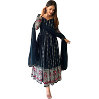 Women Floral Print Anarkali Kurta With Pant and Dupatta (Medium) (XL, Ligth Pink) (XL, Blue)