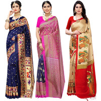 Yashika Women's Combo Art Silk Saree with Blouse Piece-Pack of 3(MATWALI Metro Navy-RAJARANI CHICKU) Multicolor-09