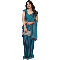 Yashika Women's Hot Fix Work and Solid Color Satin Moss Saree With Unstitched Blouse Material (AZ-YS-P2-PINTU RAMA)