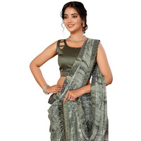 Yashika Women's Weightless Georgette Satin Printed Hot Fix Swarovski Lace with Tassels Unstitched Blouse Material Saree (AZ-YS-P3-REHANA-Parent_Mahendi)