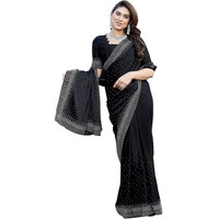 Yashika Women's Bollywood Satin Moss With Swarovski Stone Saree with Blouse |saree for Women | Silk Saree | New Sari | Latest Saree (AZ-YS-P2-SHUBHRA BLACK)
