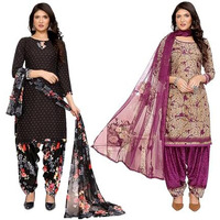 Yashika Women's Crepe Dress Material Set for Women | Unstitched Printed Fabric for Kurta Bottom & Dupatta (YS-BLACK FLOWER-ADDA WINE)