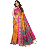 Yashika Women's Printed Kalamkari Art Silk Saree With Tassels and Unstitched Blouse Material (AZ-YS-P1-SOORVI MUSTARD JHALAR)