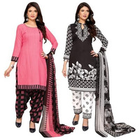 Yashika Women's Crepe Dress Material Set for Women | Unstitched Printed Fabric for Kurta Bottom & Dupatta (YS-NILU PINK-PRISHA BLACK)