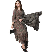 ANNI DESIGNER Women's Cotton Blend Straight Printed Kurta with Pant & Dupatta (Palak Grey_S_Grey_Small)