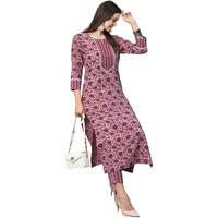 ANNI DESIGNER Women's Cotton Blend Straight Printed Kurta with Pant (Anusha Wine-NW_M_Wine_Medium)