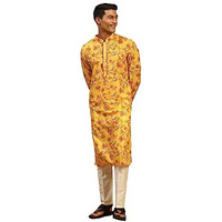 VASTRAMAY Men's Multicolor-Base-Mustard And Cream Muslin Blend Kurta Pyjama Set_VASMK108nPANT002CR_42