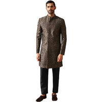 VASTRAMAY Men's Coffee And Black Silk Blend Sherwani Set - Silk Blend embroidered Indo Western,Kurta And Pant Set