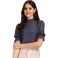 Wedani Women's Casual Puff Sleeves Ruffled Collor Foral Top (Large, Navy Blue)