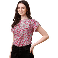 Wedani Women's Casual Short Sleeves Round Neck Foral Top (Large, Pink)